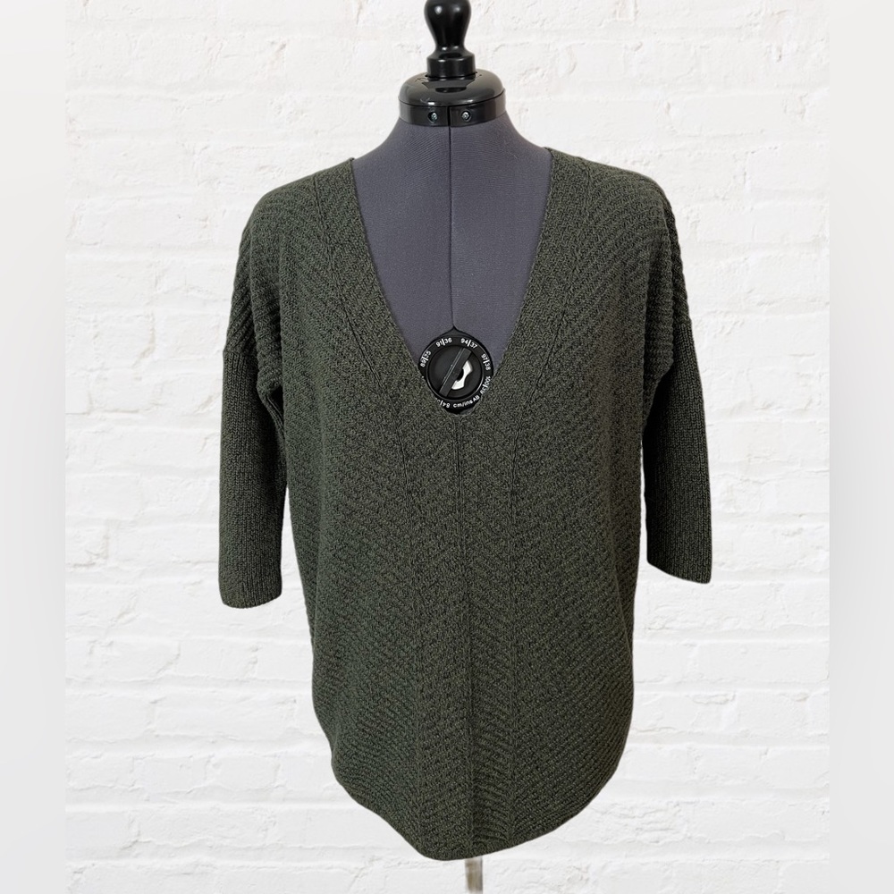 Olive Green Relaxed Fit Deep V-Neck Sweater, Express, Size XS
